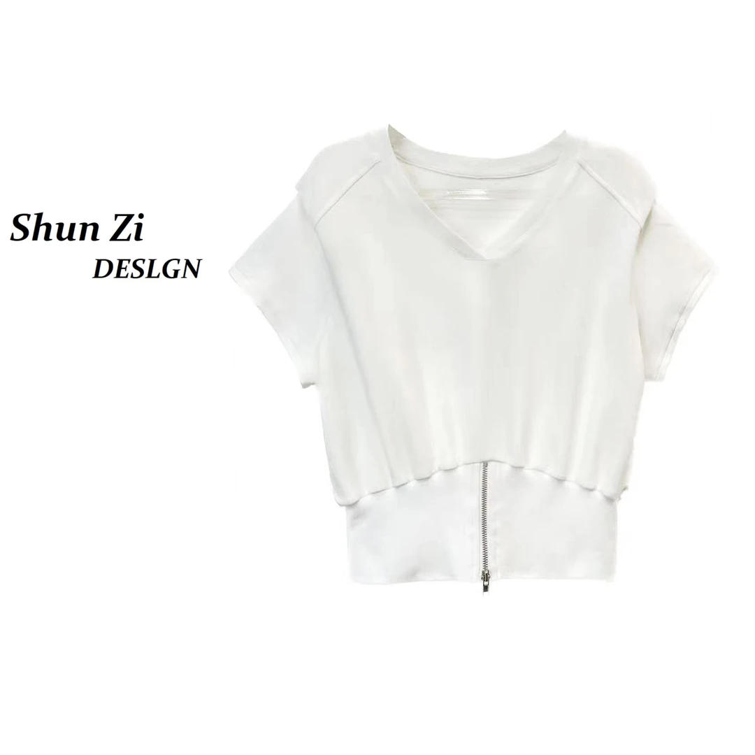 顺子/SZ66126 2025原创春夏新品欧美时尚百搭束腰显瘦V领短款卫衣
