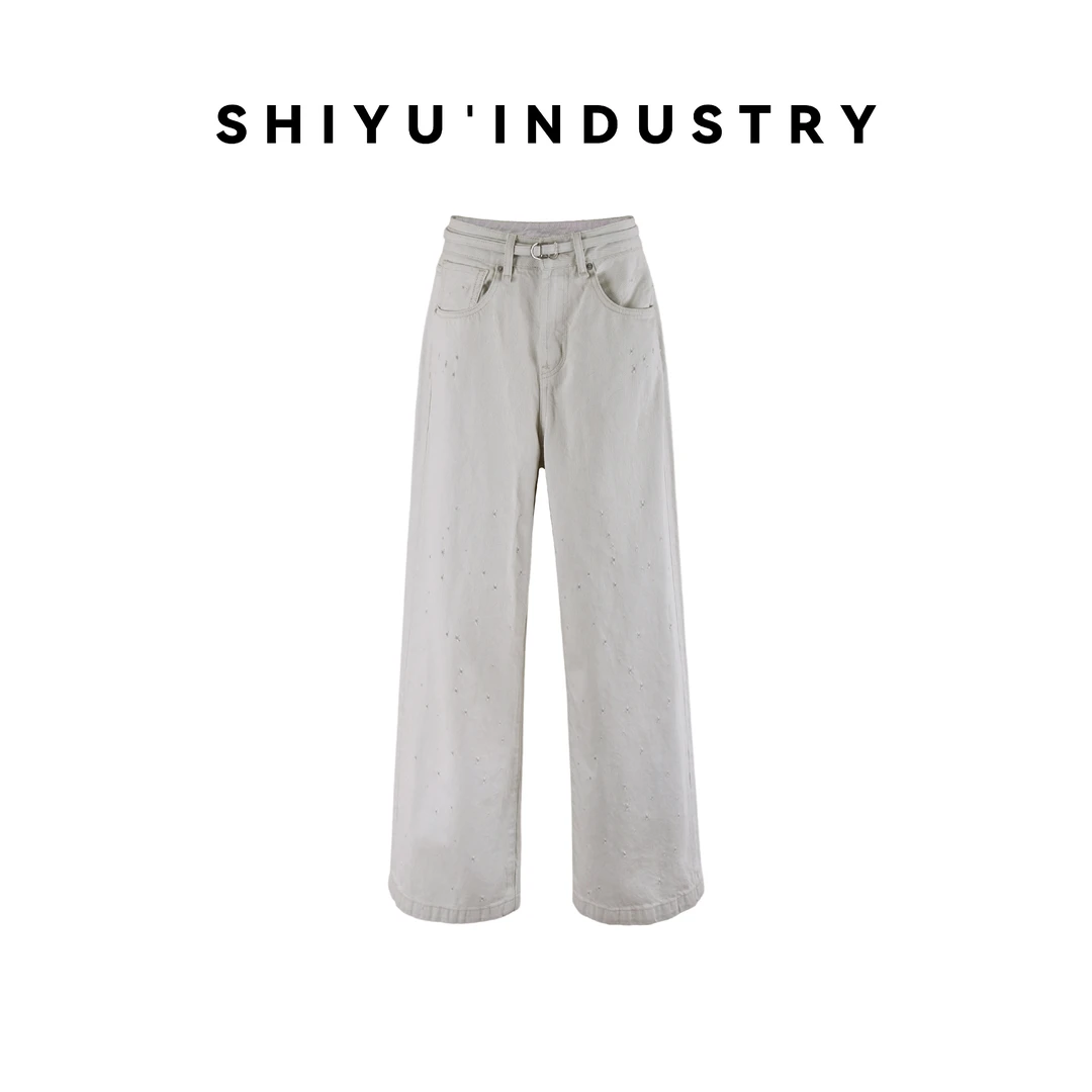 莳屿实业 春季时尚米灰色做旧阔腿牛仔裤