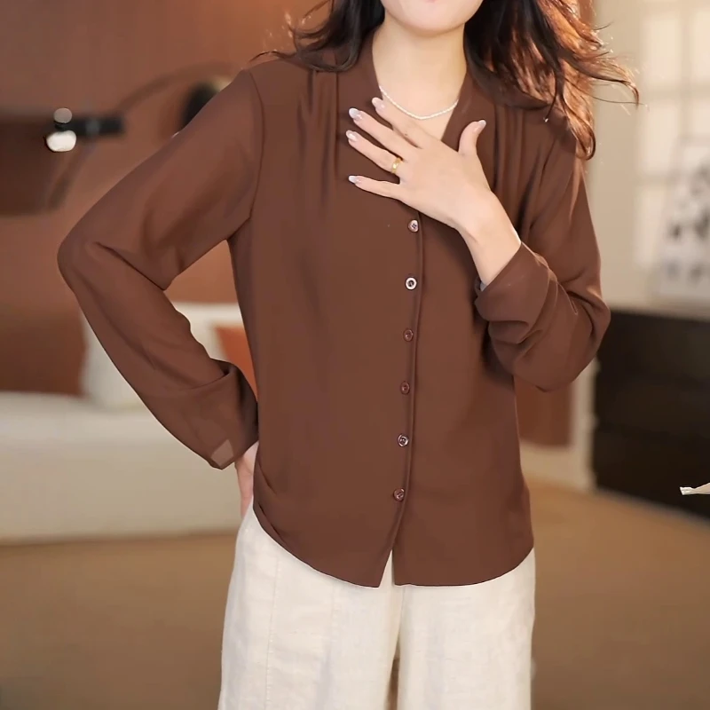 咖色雪纺衫V领纽扣长袖开衫女2025秋季新款防晒衫休闲百搭上衣薄