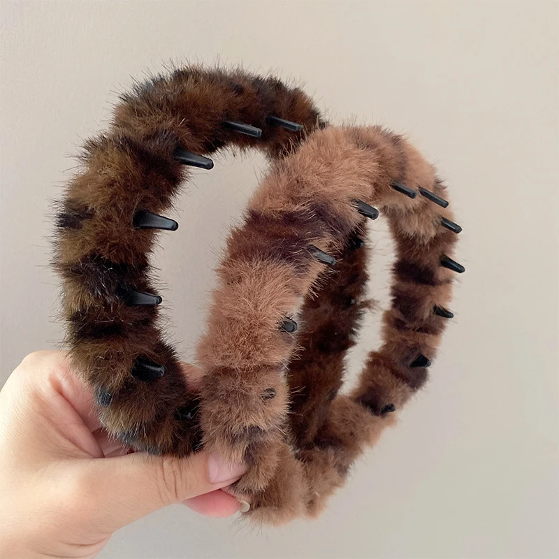 【佳宝】秋冬气质豹纹毛绒发箍女带齿防滑洗脸压发高颅顶头箍碎发