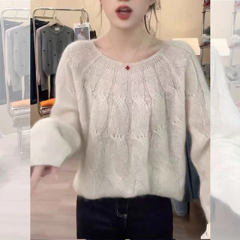 温柔风白色马海毛毛衣女女圆领韩系宽松软糯套头薄款针织衫长袖