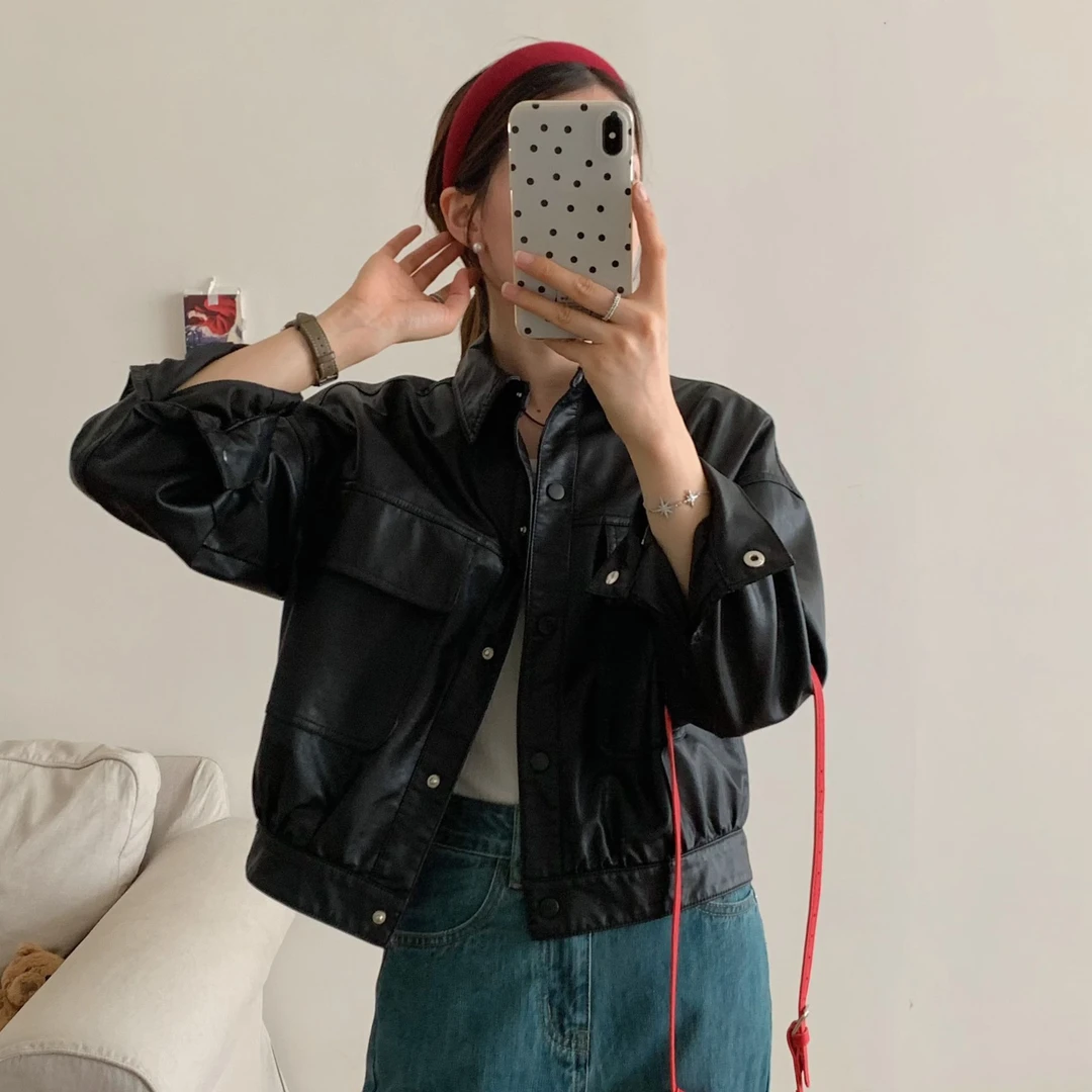 「 复古港风 短款皮衣」皮质柔软  春秋百搭帅气翻领夹克外套Y9355