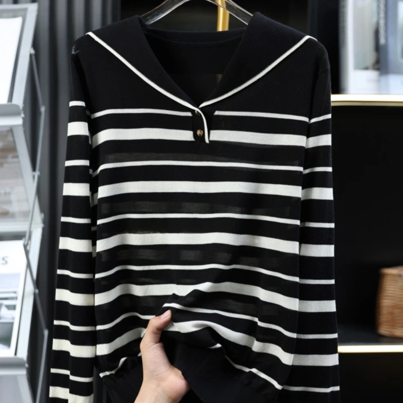 羊范100%莱赛尔天丝针织衫长袖女海军领条纹纽扣毛衣撞色宽松打底