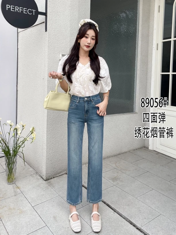 回面弹口袋绣花烟管裤百搭宽松休闲