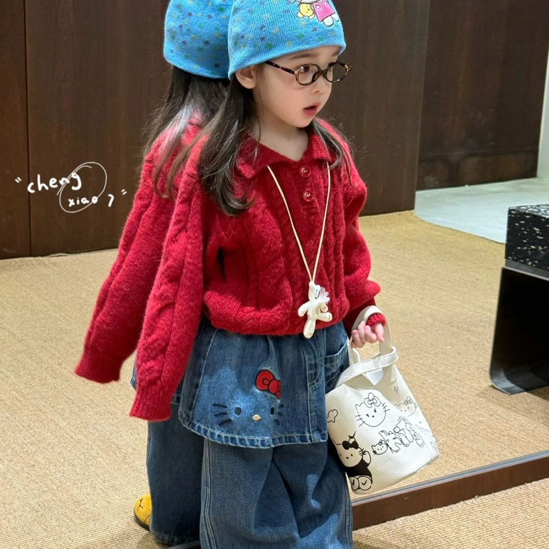2025冬季女童小童韩版洋气翻领麻花毛衣针织衫儿童休闲加绒牛仔裤