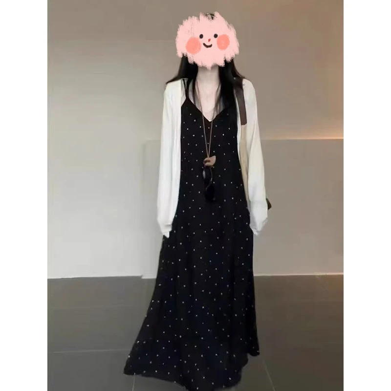 大码微胖波点吊带连衣裙夏季长裙开衫两件套9982#