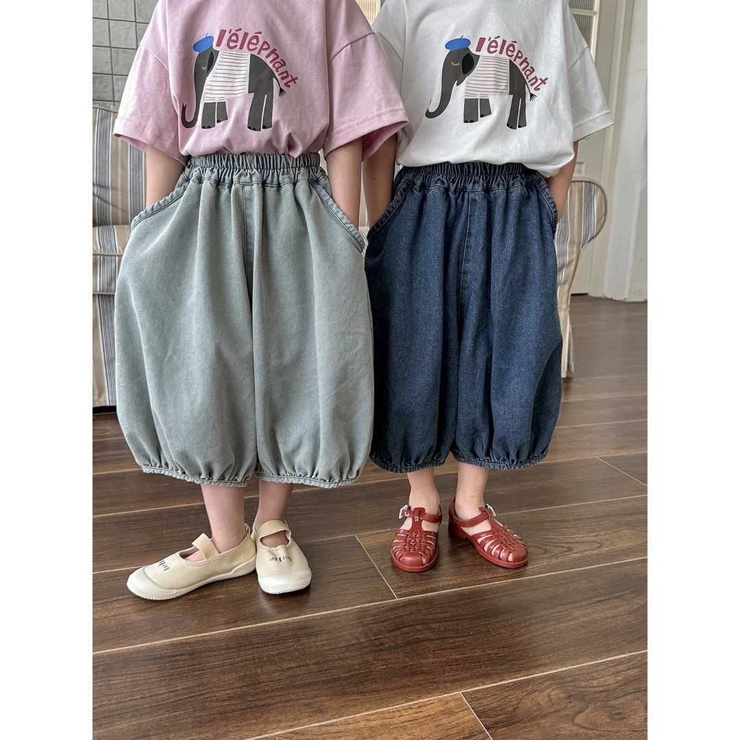 2025儿童夏季新款净色牛仔裤男女宝宝宽松薄款七分裤中裤