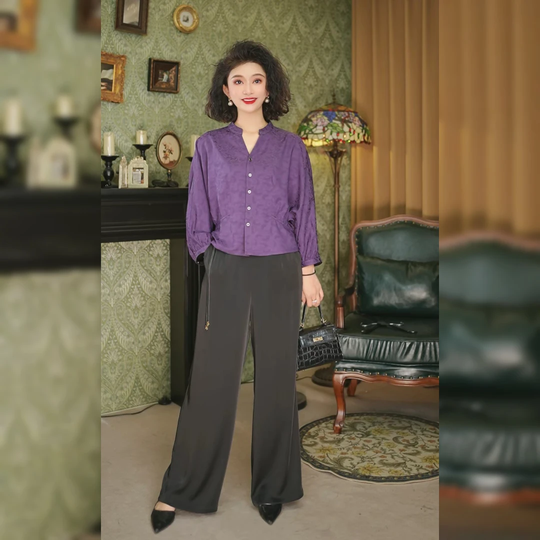 仫赐【墨砚】中年妈妈女装新款阔腿裤显瘦直筒休闲裤E6166