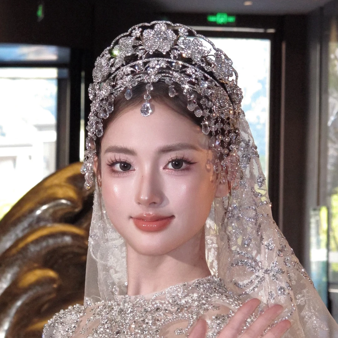 奢华大气新娘主婚纱皇冠高级感锆石花朵双层公主王冠结婚礼服头饰