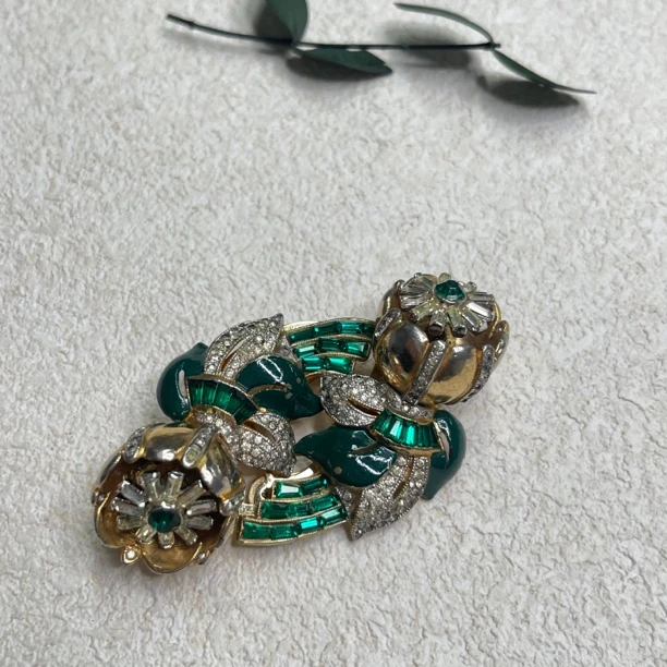 铜合金合成锆石胸针 【六六中古】孤品复古胸针皮草夹两用th4707