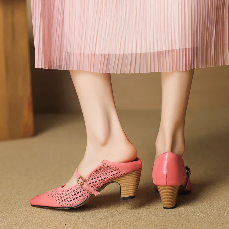 5.5cm~可踩后跟一字带玛丽珍鞋新款粗跟浅口单鞋真皮透气镂空女鞋
