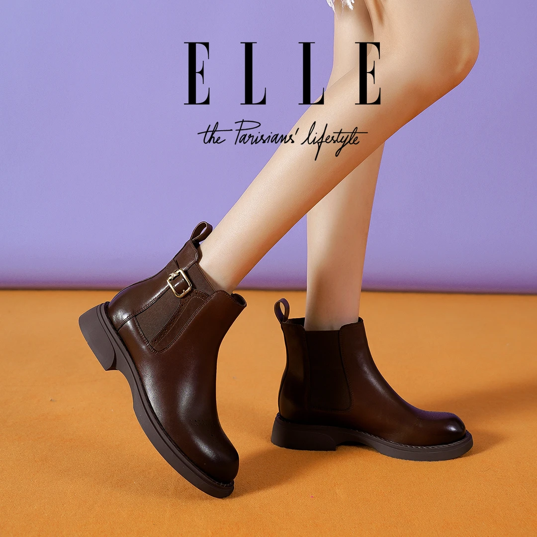 ELLE经典时尚牛皮切尔西靴女皮带扣短靴2025新款英伦风弹力时装靴