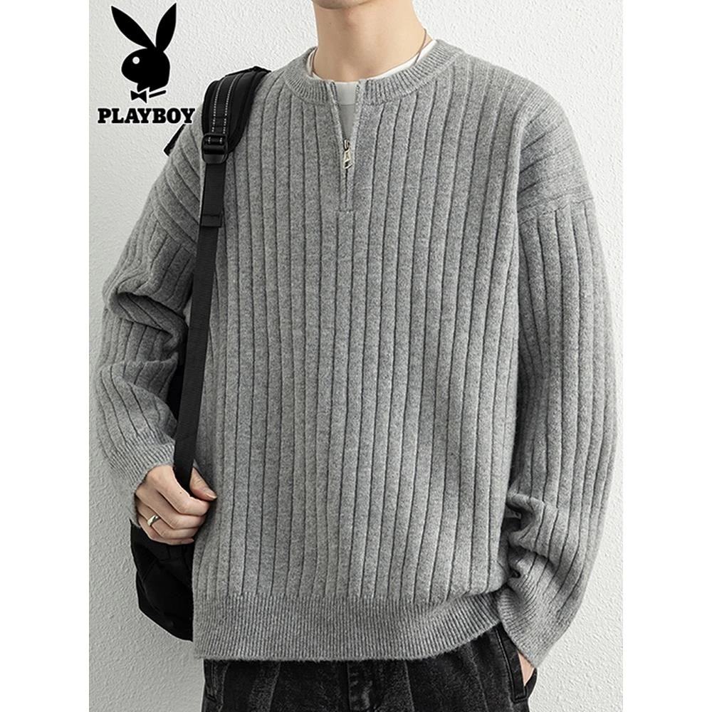 花花公子半拉链圆领毛衣男士秋冬季潮流新款保暖羊毛打底针织衫男
