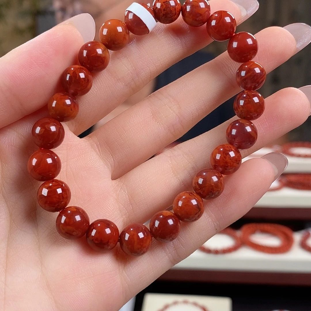 南红玛瑙未镶嵌手串原矿8.5mm s级别 火焰纹牛血红 瓦西