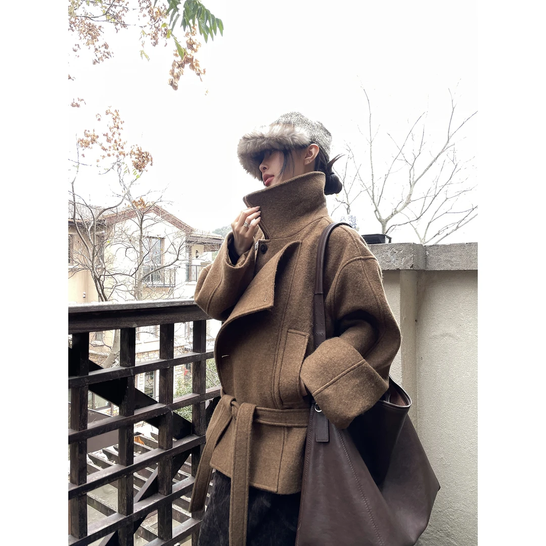 JCCC影子【西西里午后】卡其色老钱苏力绵羊毛廓形短款系带大衣外套