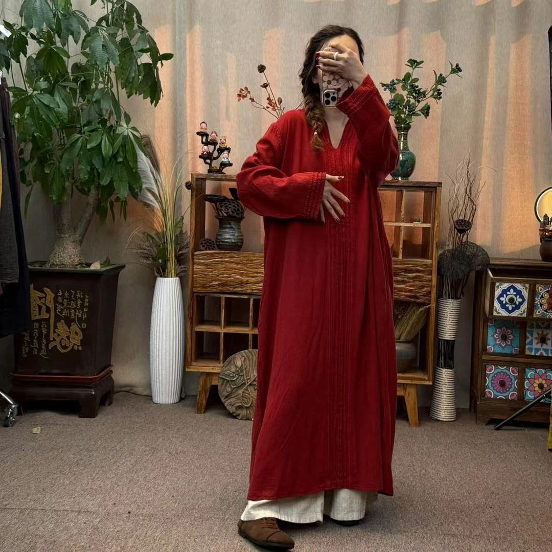 花璟与麻原创设计复古炒色长款V领连衣袍裙（衣长123胸围142）