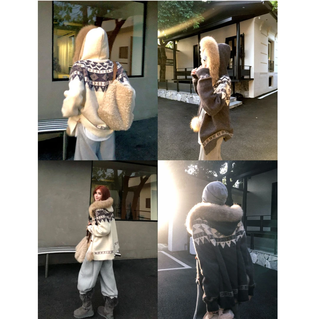 婉君W【100%乌苏里貉子毛】羊毛真毛领费尔岛混纺毛衣LWJ25C3M3066