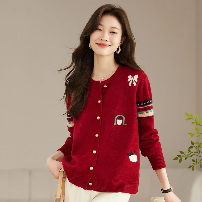 品牌撤柜正品2025过年洋气新年款女慵懒针织开衫提花羊毛针织开衫