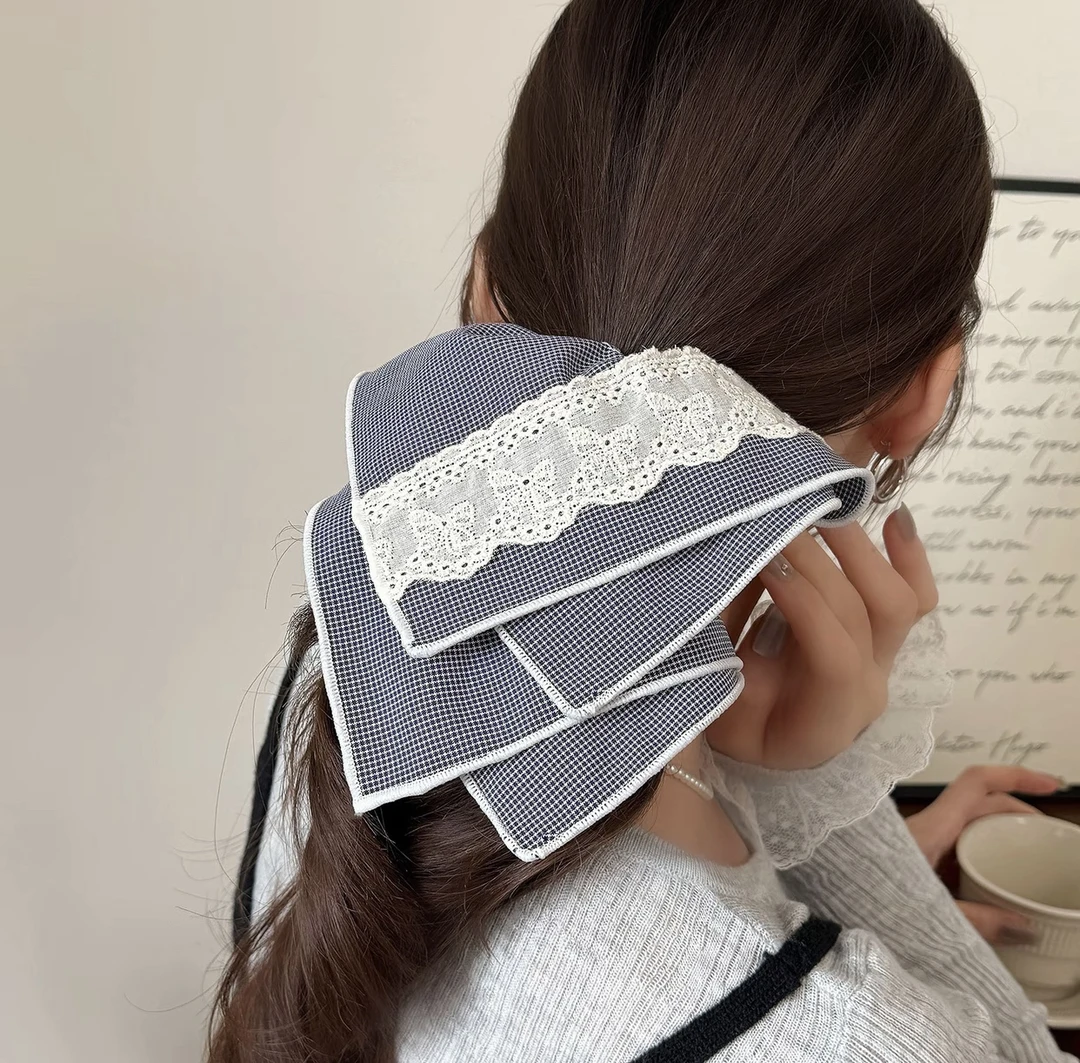 【东大门双层黑格子方巾】韩国ins新款白色蕾丝花边灰色格纹发圈