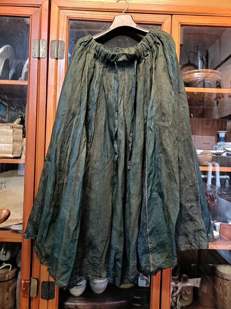 植物染色苎麻12块拼接半裙(裙长85厘米)柿绿色