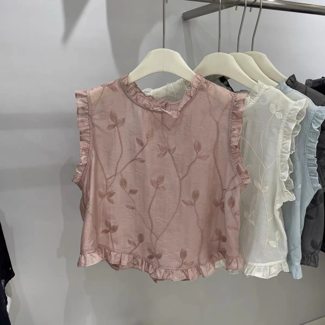 韩版木耳边刺绣女衬衫T恤2025夏季新款洋气无袖欧货小衫上衣