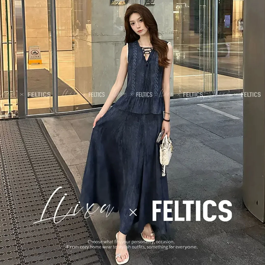 盐系复古时尚套装裙女2025夏季新款洋气港风无袖上衣半身裙两件套