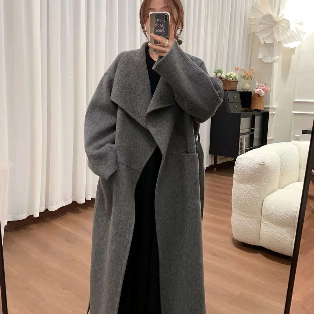【灰色大翻领大衣】羊毛羊绒大衣外套