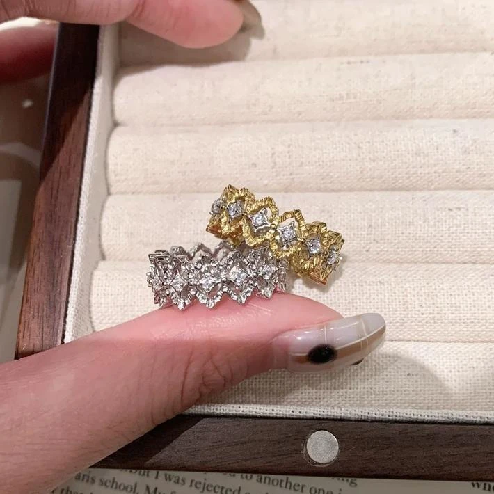 铜合金锆石戒指 蕾丝花边气质戒指Vintage拉丝菱格镂空金镶轻奢