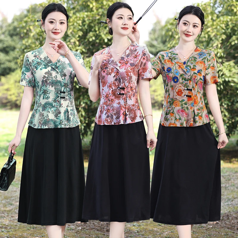 妈妈装夏装新款碎花连衣裙新中式洋气中老年女装中长款假两件裙子