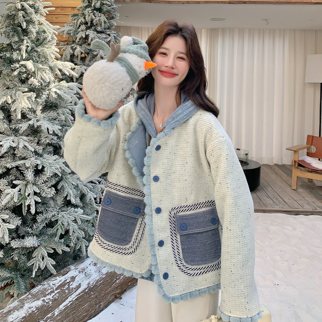 蓝色小香风套装女冬2025新款韩版羽绒内胆粗花呢打底针织衫两件套