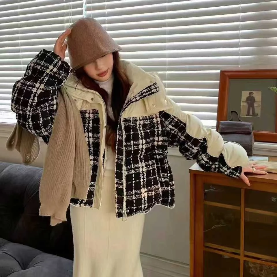 格子直筒型拼接短款宽松型韩版秋冬休闲时尚网红短羽绒服