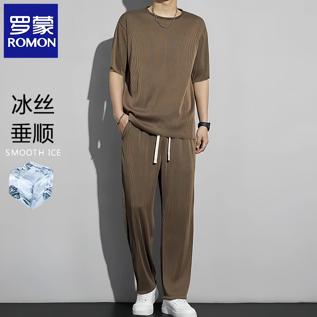 罗蒙男士轻熟风新款春夏休闲T恤长裤速干冰丝两件套装帅气飞行服t