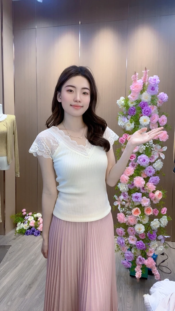 蕾丝v领冰丝针织短袖t恤女2025新款夏季爆款辣妹修身小飞袖上衣女