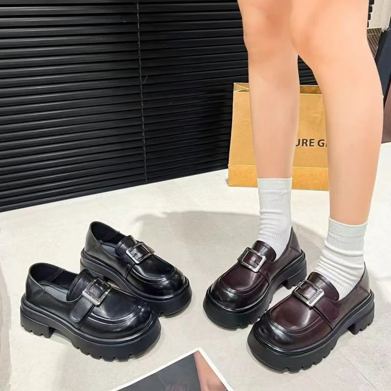 新疆（5厘米）厚底乐福鞋女2025新款春一脚蹬英伦风小皮鞋子80271