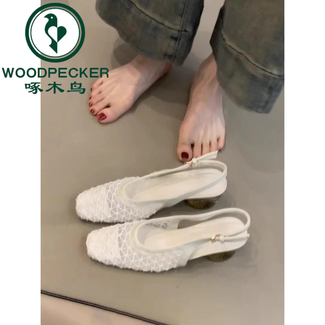 啄木鸟法式气质编织包头凉鞋女后绊带粗跟小香风方头玛丽珍单鞋