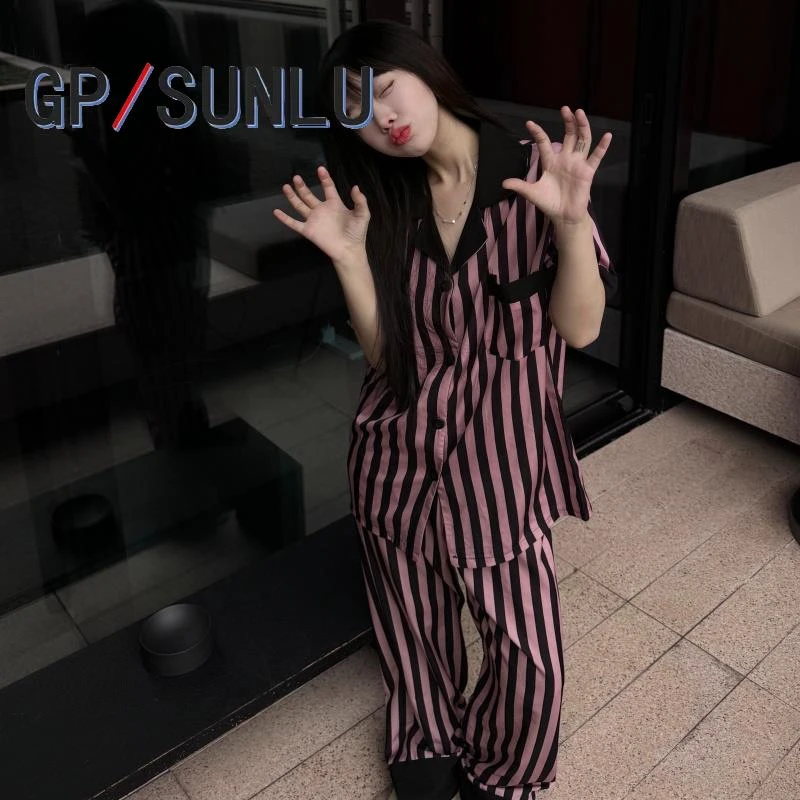 日本小众GP冰丝睡衣女夏季短袖长裤三件套春秋冰雪丝高级感可外穿