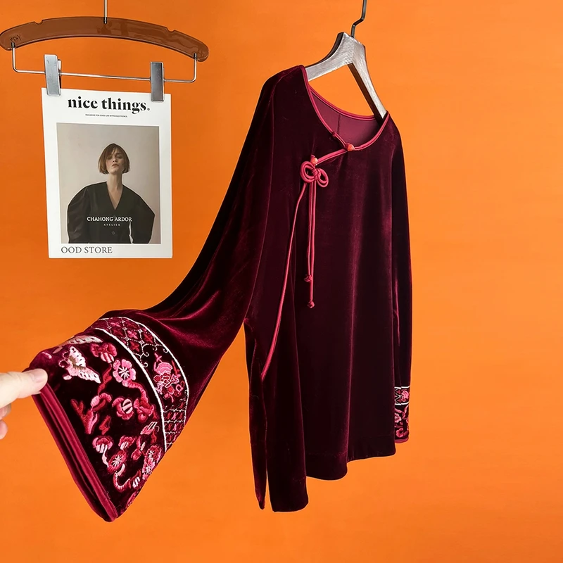 新中式小衫酒红色高级感流苏衬衫女宽松轻国风盘扣洋气金丝绒上衣