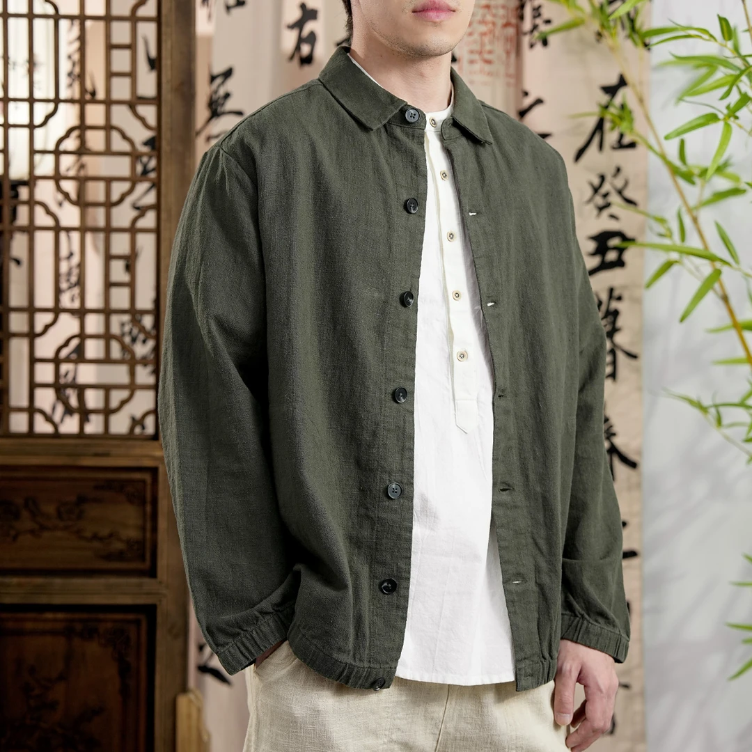 秋季男士棉麻夹克外套衬衫纯色国风简约复古宽松百搭休闲棒球服男