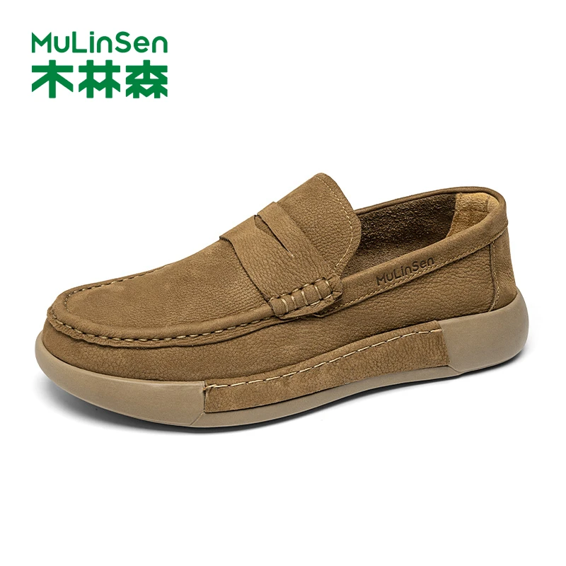 木林森2025新款一脚蹬豆豆休闲鞋男头层磨砂牛皮手工缝制时尚潮流