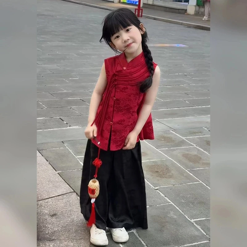 女童套装新中式国风红色无袖马甲上衣2025夏季新款儿童唐装两件套