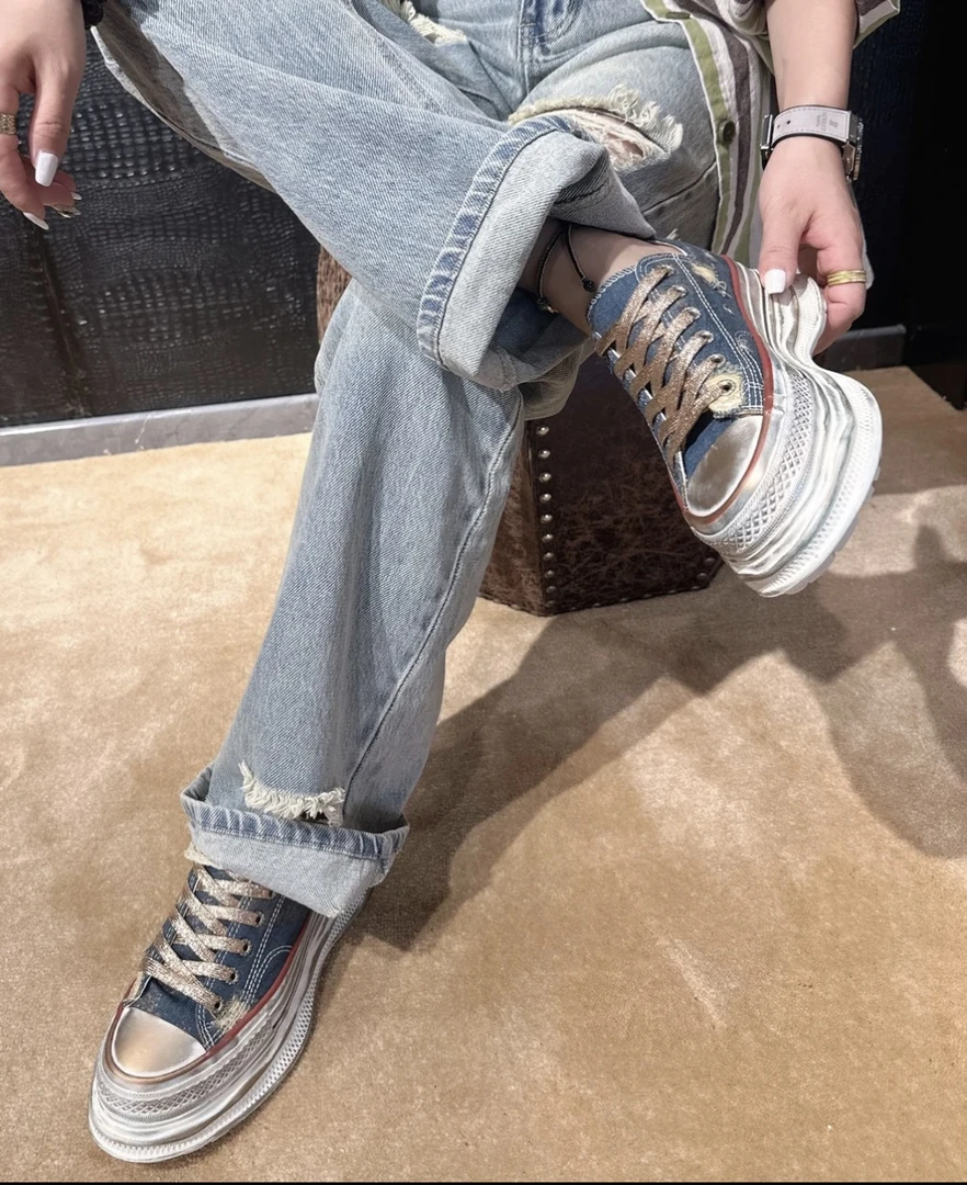 YURONGBIN【名古屋】潮鞋夏季时尚厚底潮流牛仔低帮拼色系带女鞋