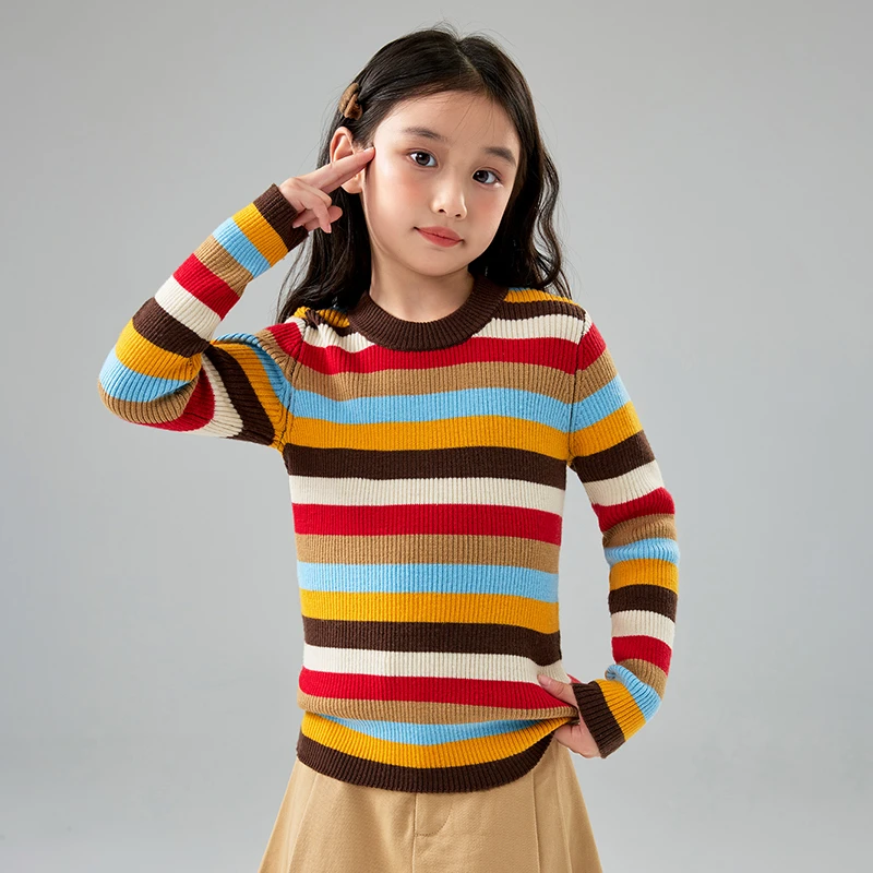 女童100%羊毛衫秋冬加厚儿童毛衣半高领绒衫女孩中大童条纹针织衫