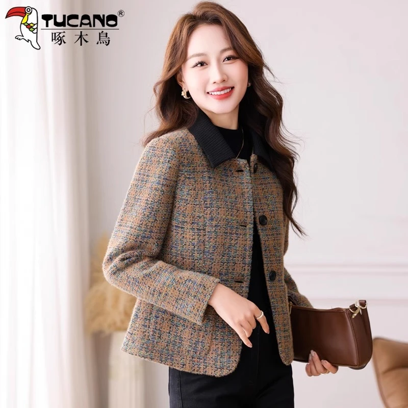 【官方】啄木鸟小香风外套春秋2025新款女士法式复古翻领优雅呢上衣