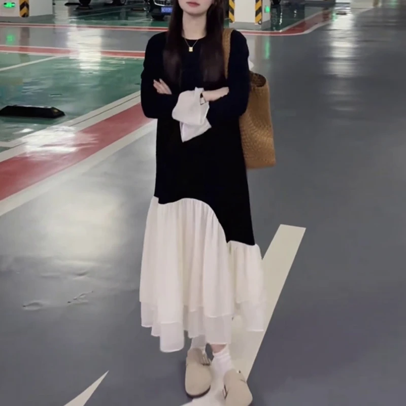 秋季新款拼接套头优雅气质纯色通勤连衣裙气质法式时尚显瘦长裙