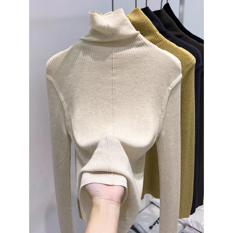 高领针织打底衫女2025秋冬新款软糯修身内搭坑条堆堆领套头毛衣