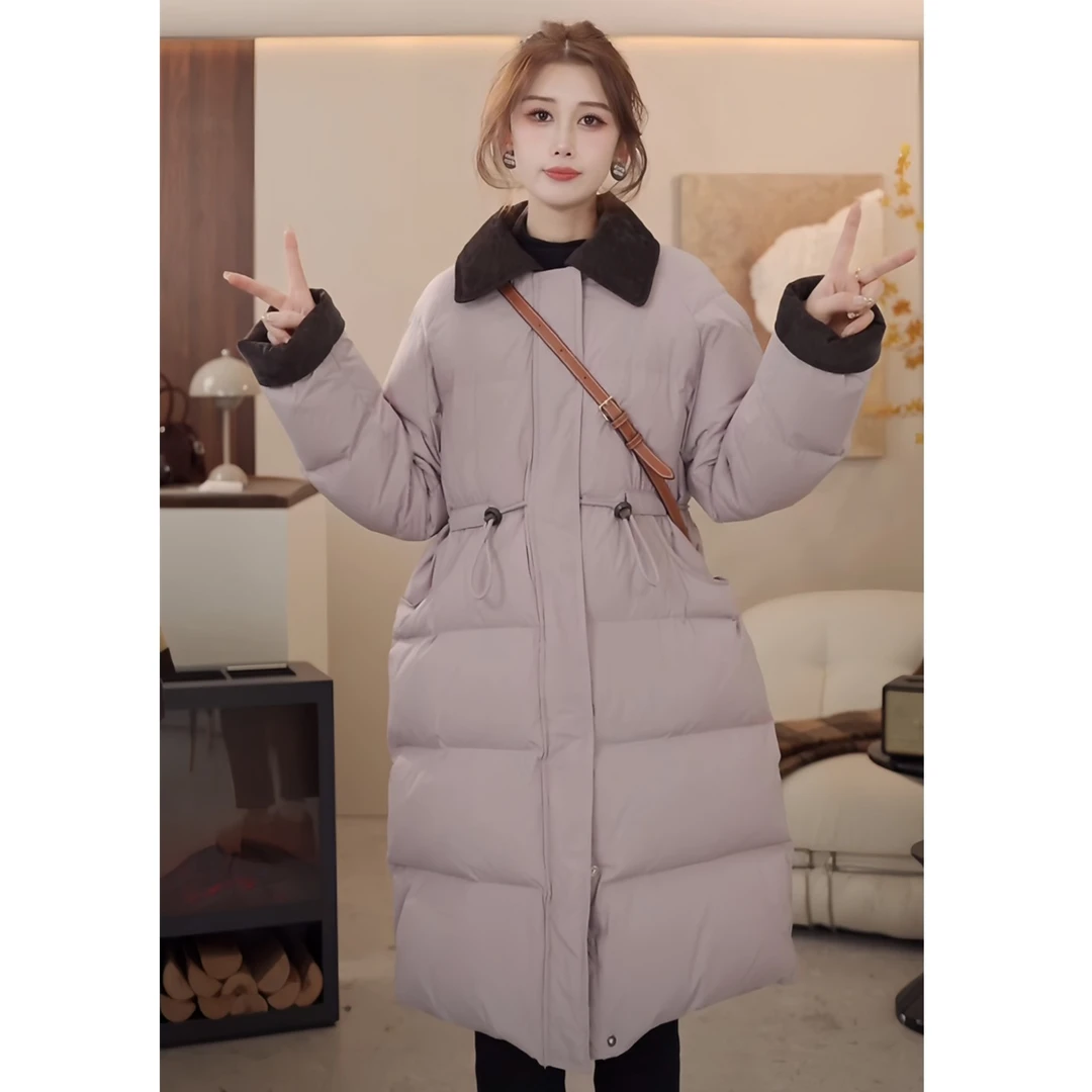 灯芯绒拼接新标90%白鸭绒羽绒服女中长款收腰加厚保暖外套女【NN2】