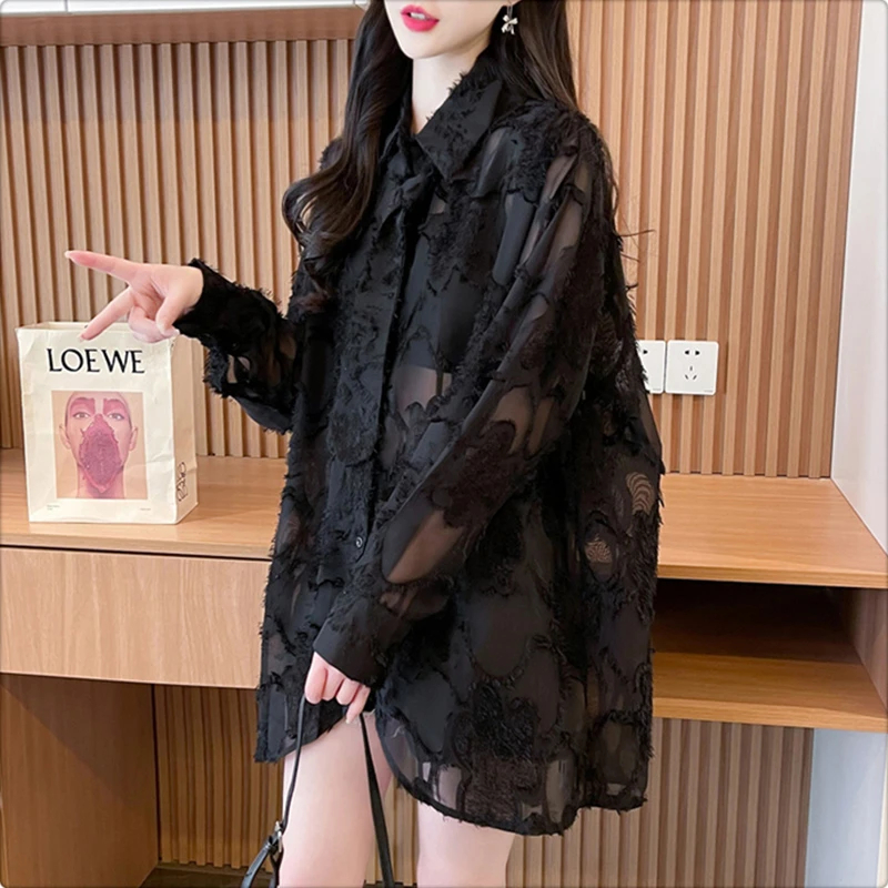 大码胖mm提花防晒衣女衬衫薄款春夏秋季宽松显瘦绑带镂空开衫上衣