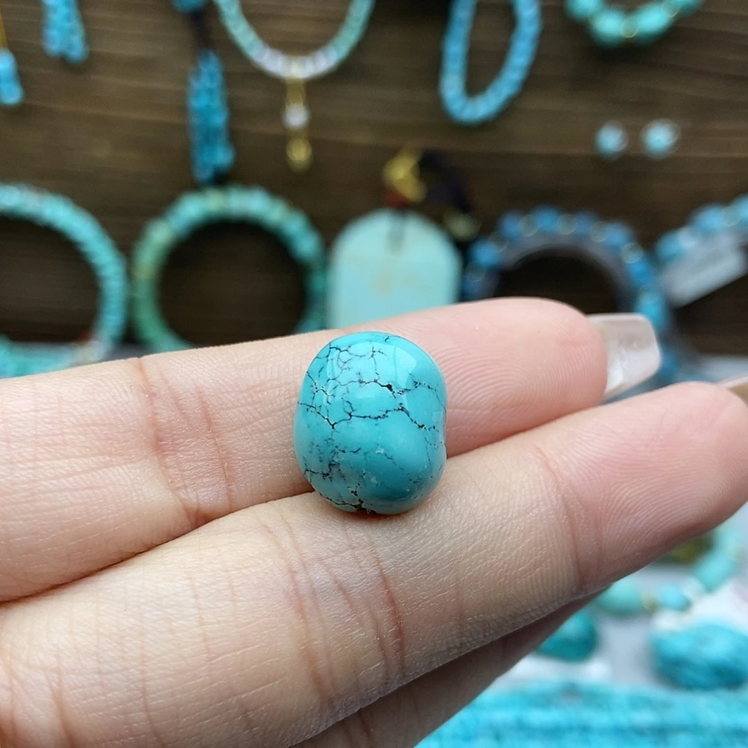 绿松石未镶嵌蓝绿水草纹随形豆