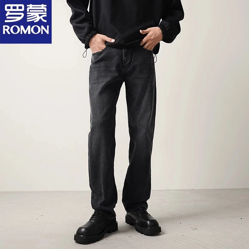 罗蒙黑色直筒牛仔裤男春秋款垂感宽松休闲阔腿裤子潮流时尚百搭