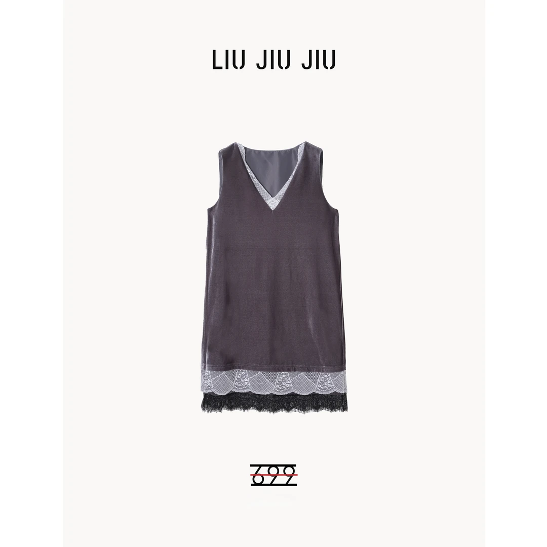 LIUJIUJIU 法式蕾丝拼接设计感V领背心气质显瘦连衣裙LYQ4760L